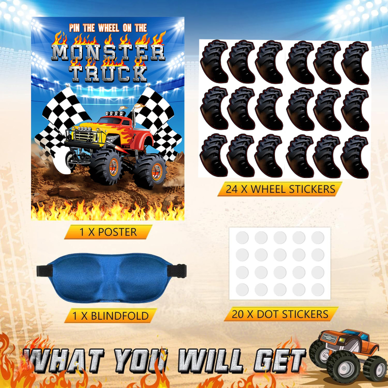 Vaikų vakarėlio plakatų rinkinys su akių užklojimo žaidimu, Monster Truck plakatas ir lipdukai; medžiaga: popierius; modelis: miesto herojus plakatas; stilius: piešinių stilius ir vakarėlis; tema: Little Spider