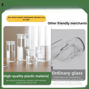 Caurspīdīgs plastmasas cilindrisks hydroponiskais pods sēklām un maziem augiem, stāvošs uz grīdas ar stādīšanas grozu, domāts mājas un dārza lietošanai
