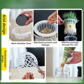 Caurspīdīgs plastmasas cilindrisks hydroponiskais pods sēklām un maziem augiem, stāvošs uz grīdas ar stādīšanas grozu, domāts mājas un dārza lietošanai
