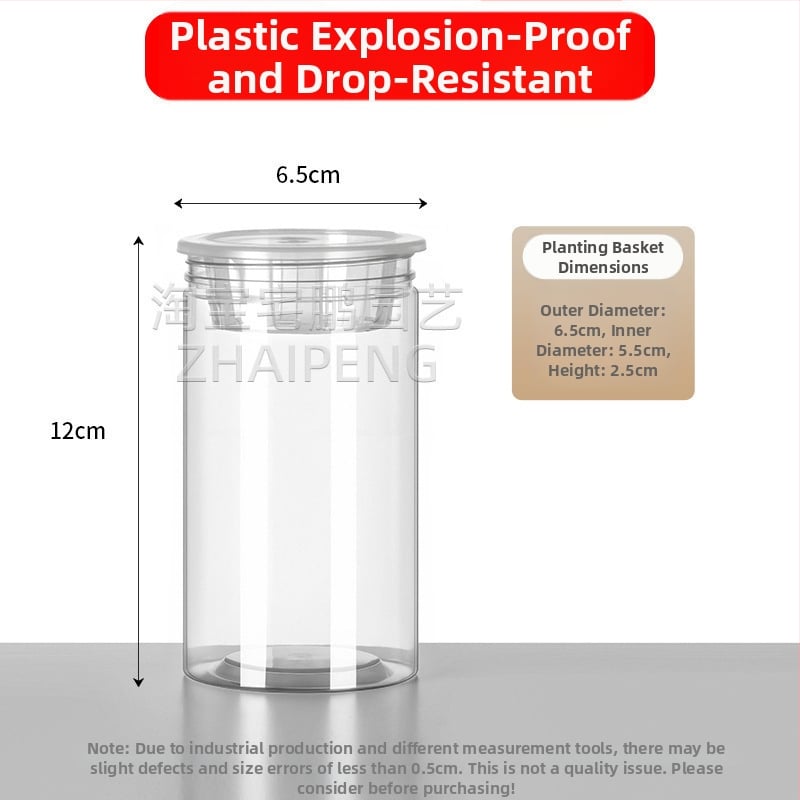 Caurspīdīgs plastmasas cilindrisks hydroponiskais pods sēklām un maziem augiem, stāvošs uz grīdas ar stādīšanas grozu, domāts mājas un dārza lietošanai