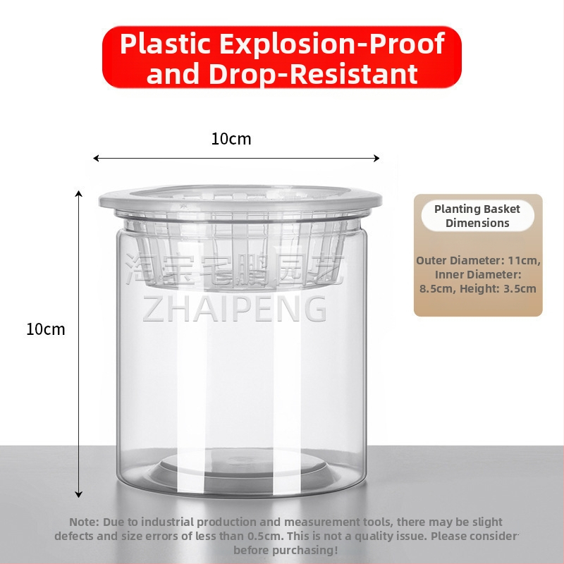 Caurspīdīgs plastmasas cilindrisks hydroponiskais pods sēklām un maziem augiem, stāvošs uz grīdas ar stādīšanas grozu, domāts mājas un dārza lietošanai