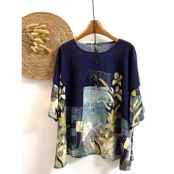 Umjetnički retro top s širokim rukavima, plus size, ženska majica s okruglim izrezom