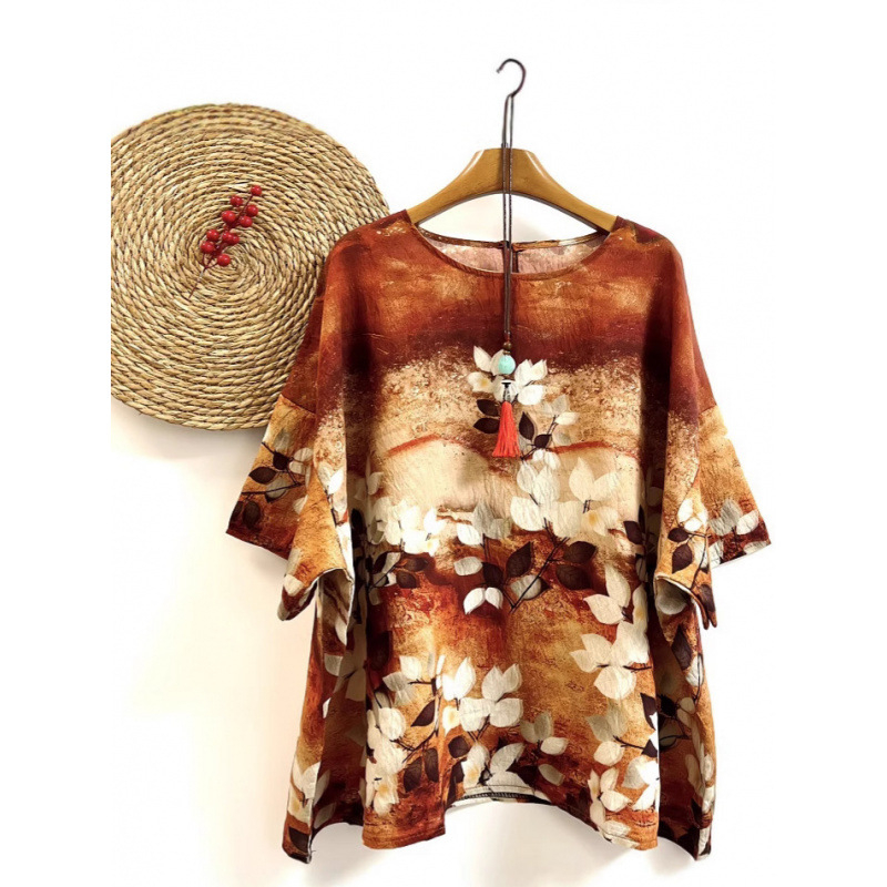 Umjetnički retro top s širokim rukavima, plus size, ženska majica s okruglim izrezom