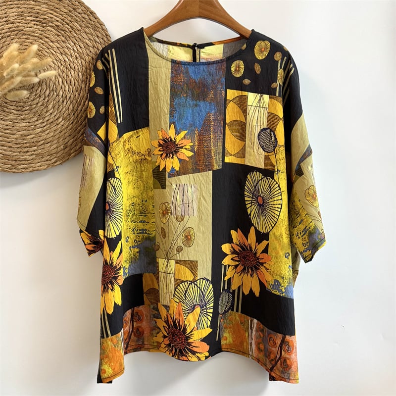 Umjetnički retro top s širokim rukavima, plus size, ženska majica s okruglim izrezom