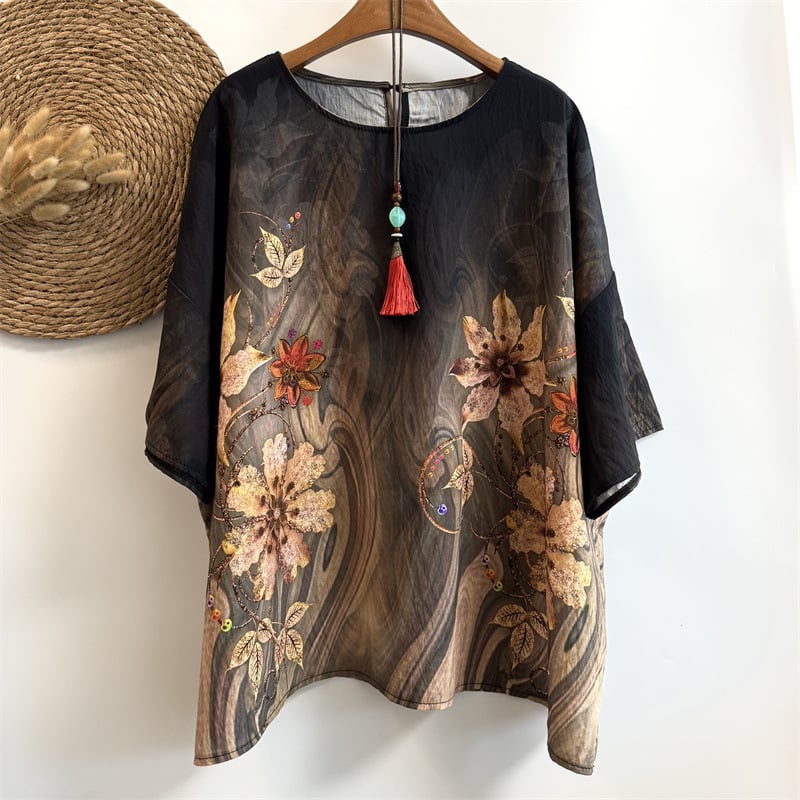 Umjetnički retro top s širokim rukavima, plus size, ženska majica s okruglim izrezom