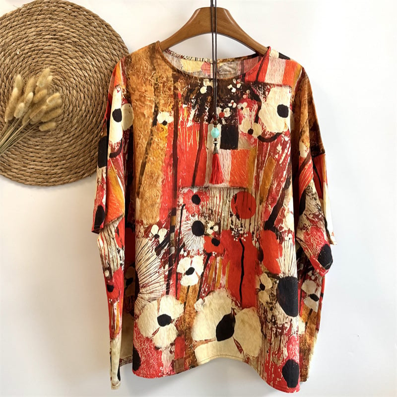 Umjetnički retro top s širokim rukavima, plus size, ženska majica s okruglim izrezom