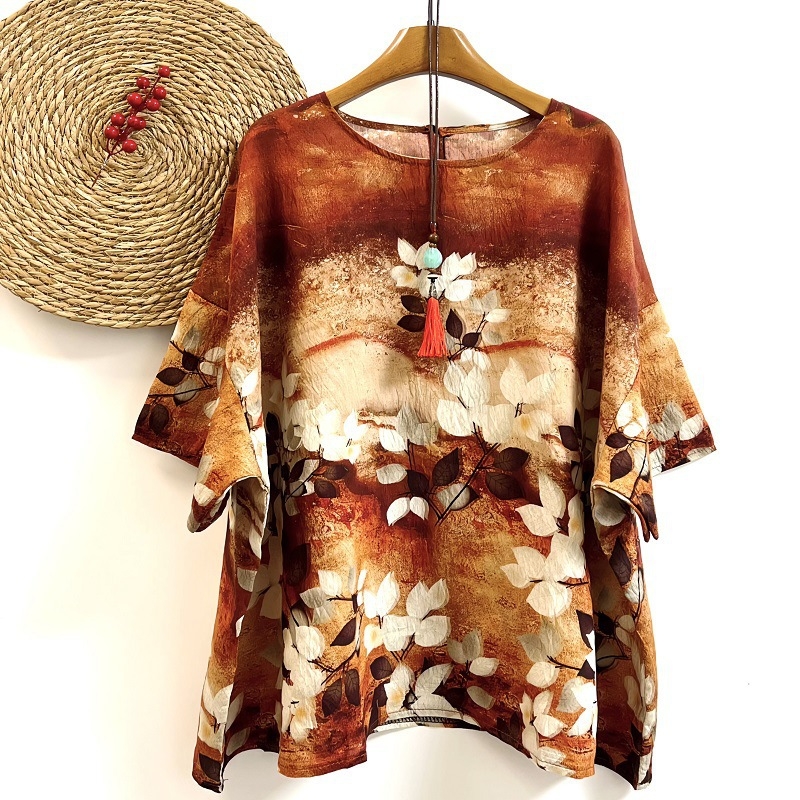 Umjetnički retro top s širokim rukavima, plus size, ženska majica s okruglim izrezom