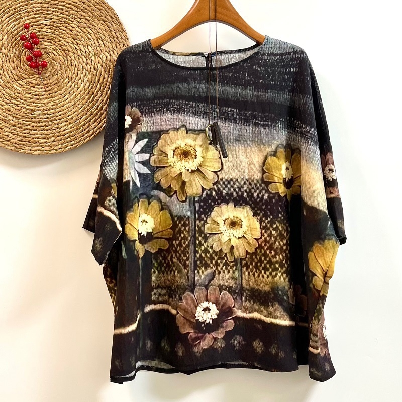 Umjetnički retro top s širokim rukavima, plus size, ženska majica s okruglim izrezom