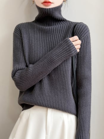 Pulover tricotat cu glugă, guler înalt din velur, croială lejeră, femei, iarnă 2025