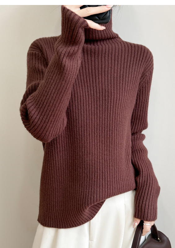 Pulover tricotat cu glugă, guler înalt din velur, croială lejeră, femei, iarnă 2025