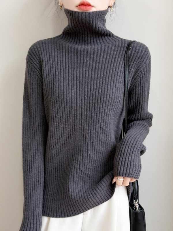 Pulover tricotat cu glugă, guler înalt din velur, croială lejeră, femei, iarnă 2025