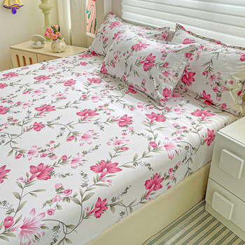 Cearșaf cu elastic, imprimeu floral, poliester, imprimare reactive și vopsire, greutate 500–800 g