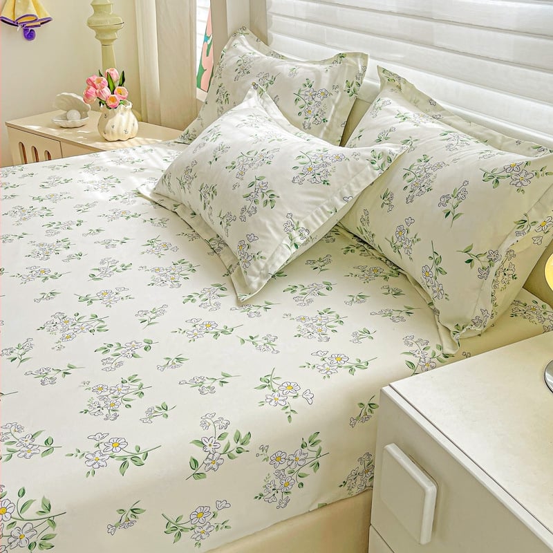 Cearșaf cu elastic, imprimeu floral, poliester, imprimare reactive și vopsire, greutate 500–800 g