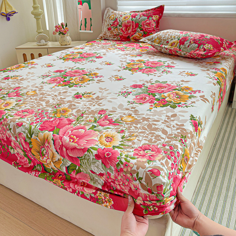 Cearșaf cu elastic, imprimeu floral, poliester, imprimare reactive și vopsire, greutate 500–800 g