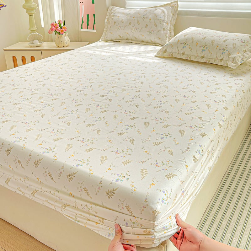 Cearșaf cu elastic, imprimeu floral, poliester, imprimare reactive și vopsire, greutate 500–800 g