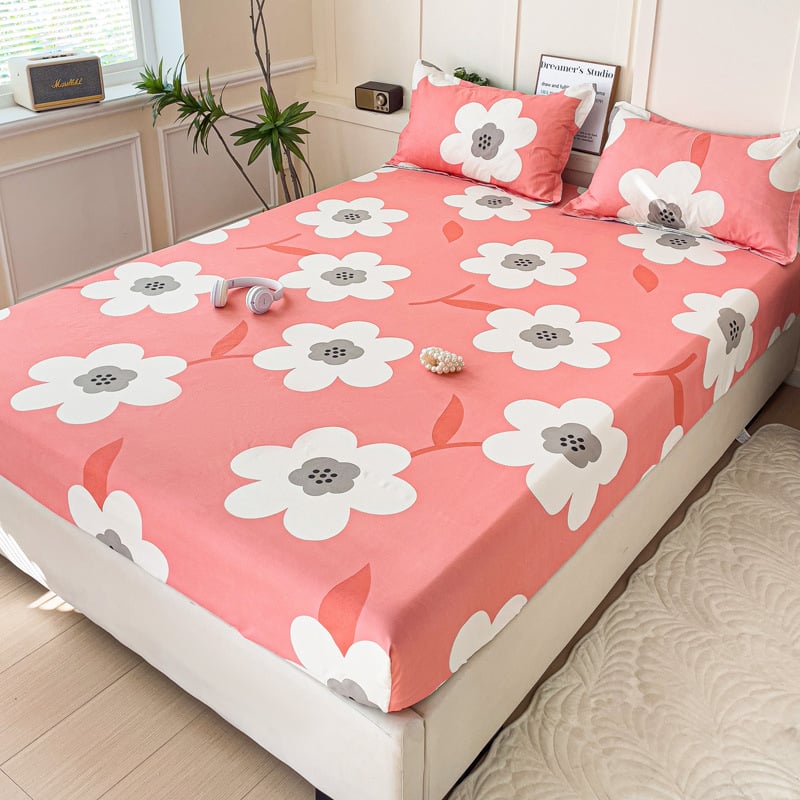 Cearșaf cu elastic, imprimeu floral, poliester, imprimare reactive și vopsire, greutate 500–800 g