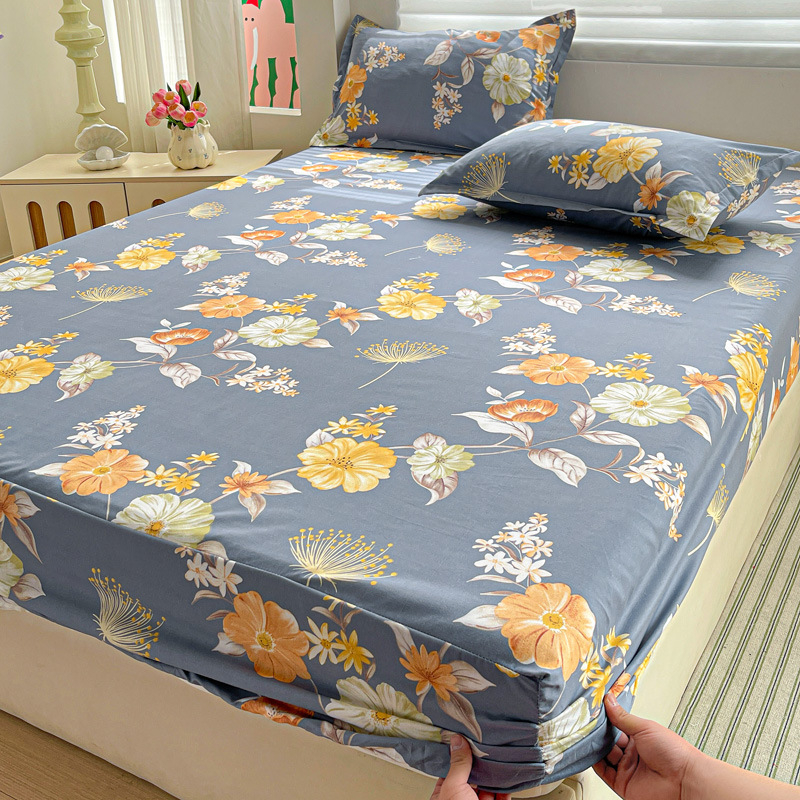 Cearșaf cu elastic, imprimeu floral, poliester, imprimare reactive și vopsire, greutate 500–800 g