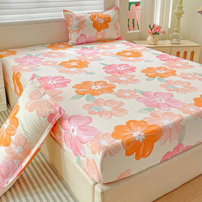 Cearșaf cu elastic, imprimeu floral, poliester, imprimare reactive și vopsire, greutate 500–800 g