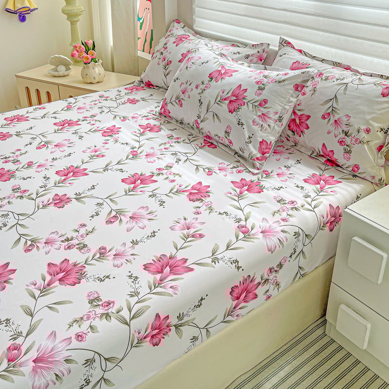 Cearșaf cu elastic, imprimeu floral, poliester, imprimare reactive și vopsire, greutate 500–800 g