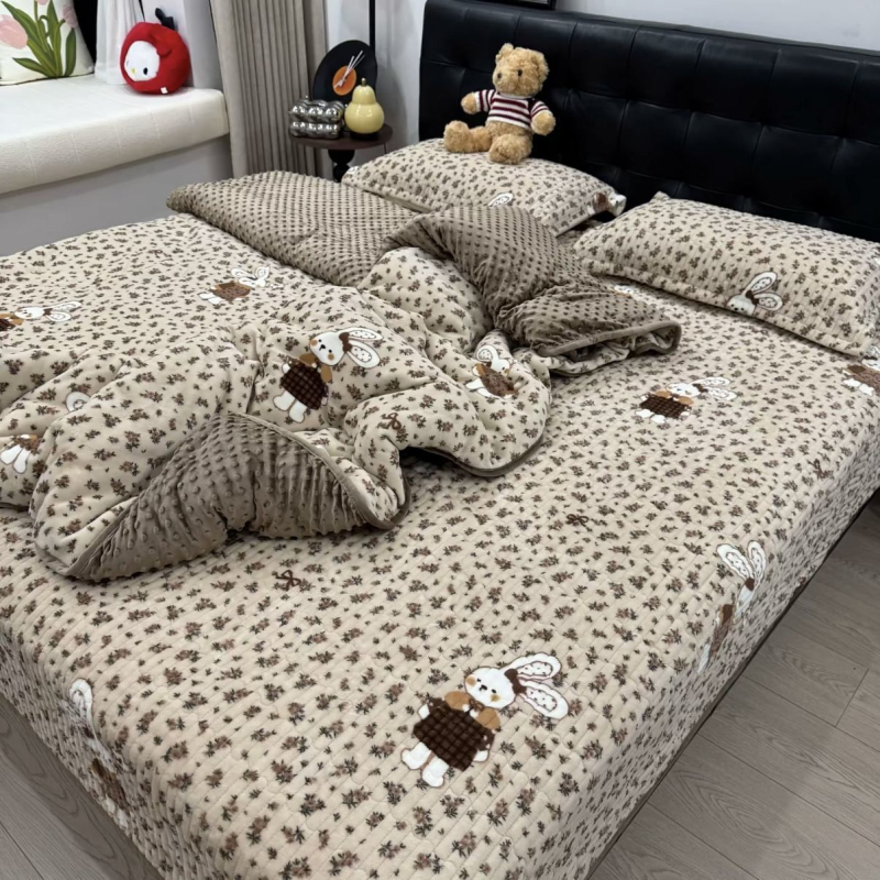 Set prekrivača za krevet s flisom, leopard uzorak, poliester, zima, četverodijelni set