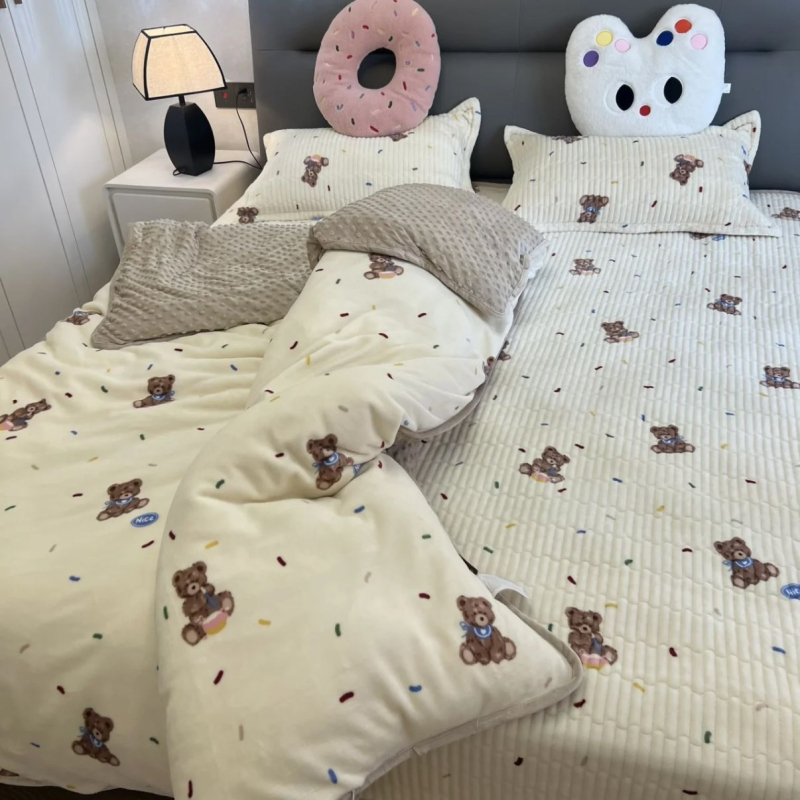 Set prekrivača za krevet s flisom, leopard uzorak, poliester, zima, četverodijelni set