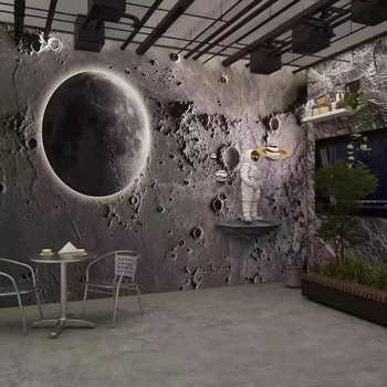 Тапет 3D релеф на лунната повърхност - индустриален стил със звездно небе, устойчив на петна, химическо влакно, 3-слойна основа