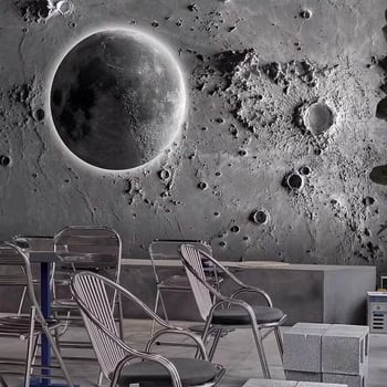 Тапет 3D релеф на лунната повърхност - индустриален стил със звездно небе, устойчив на петна, химическо влакно, 3-слойна основа
