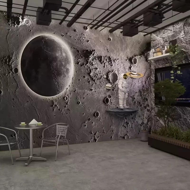 Тапет 3D релеф на лунната повърхност - индустриален стил със звездно небе, устойчив на петна, химическо влакно, 3-слойна основа