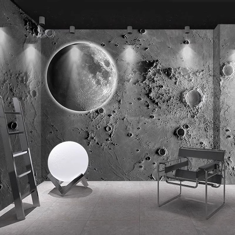 Тапет 3D релеф на лунната повърхност - индустриален стил със звездно небе, устойчив на петна, химическо влакно, 3-слойна основа