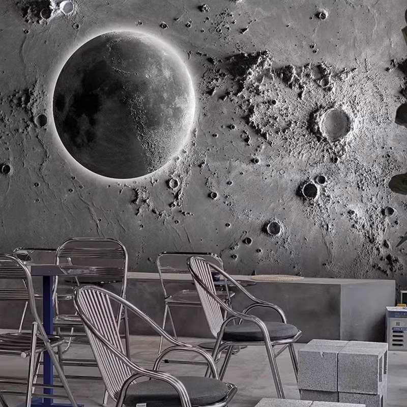 Тапет 3D релеф на лунната повърхност - индустриален стил със звездно небе, устойчив на петна, химическо влакно, 3-слойна основа