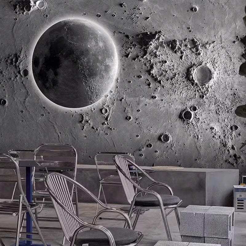Тапет 3D релеф на лунната повърхност - индустриален стил със звездно небе, устойчив на петна, химическо влакно, 3-слойна основа