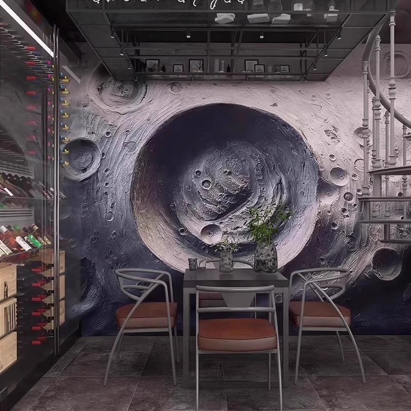 Тапет 3D релеф на лунната повърхност - индустриален стил със звездно небе, устойчив на петна, химическо влакно, 3-слойна основа