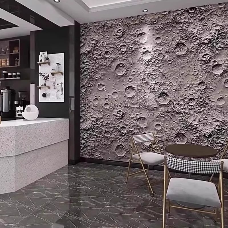 Тапет 3D релеф на лунната повърхност - индустриален стил със звездно небе, устойчив на петна, химическо влакно, 3-слойна основа