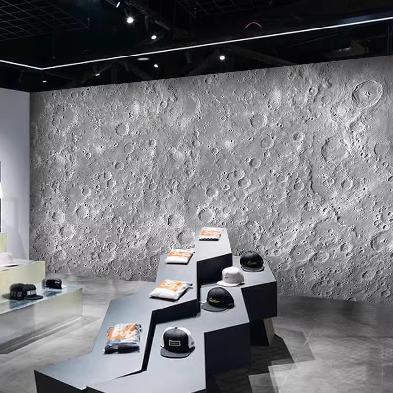 Тапет 3D релеф на лунната повърхност - индустриален стил със звездно небе, устойчив на петна, химическо влакно, 3-слойна основа