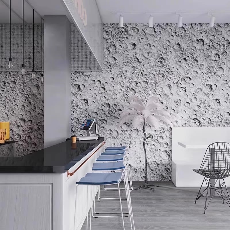 Тапет 3D релеф на лунната повърхност - индустриален стил със звездно небе, устойчив на петна, химическо влакно, 3-слойна основа