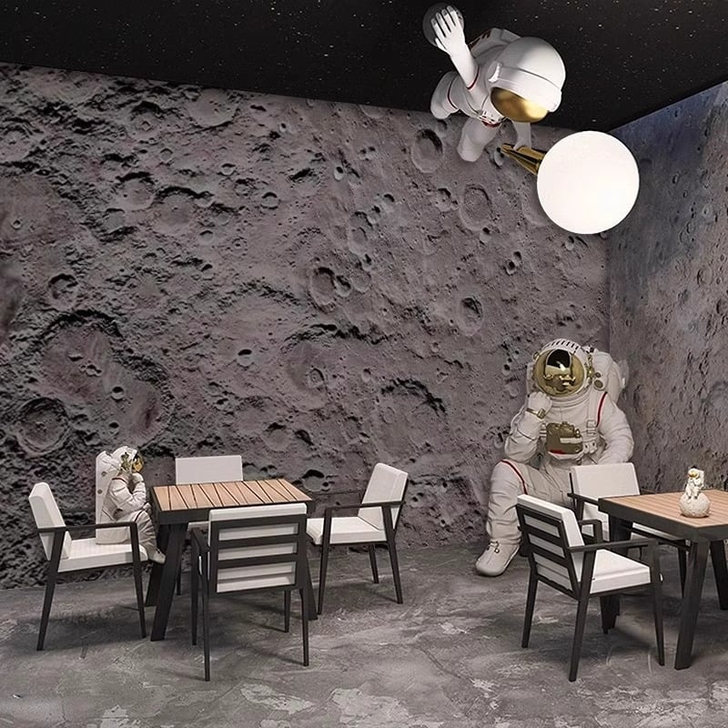 Тапет 3D релеф на лунната повърхност - индустриален стил със звездно небе, устойчив на петна, химическо влакно, 3-слойна основа