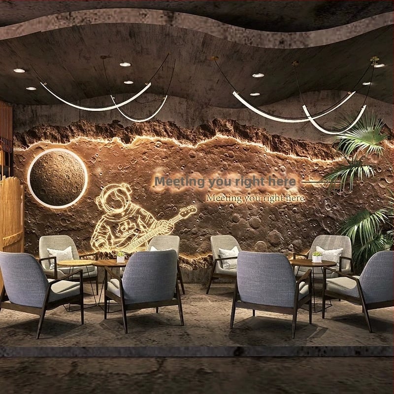 Тапет 3D релеф на лунната повърхност - индустриален стил със звездно небе, устойчив на петна, химическо влакно, 3-слойна основа