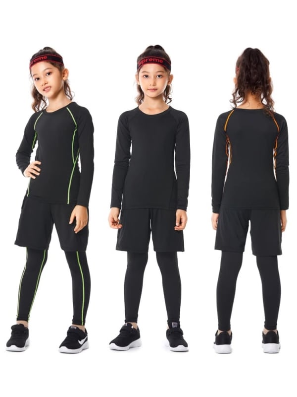 Vaikų sportinis bodžio komplektas – greitai džiūstantis, kvėpuojantis, ilgomis rankovėmis, apvalus kaklo iškirpimas, spandekso audinys su pieno šilko pamušalu