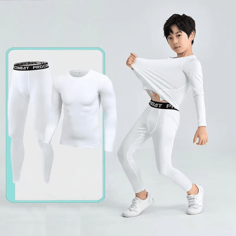 Vaikų sportinis bodžio komplektas – greitai džiūstantis, kvėpuojantis, ilgomis rankovėmis, apvalus kaklo iškirpimas, spandekso audinys su pieno šilko pamušalu