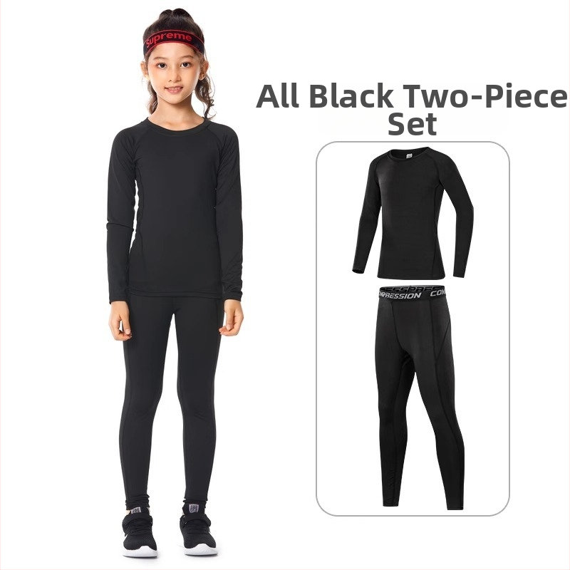 Vaikų sportinis bodžio komplektas – greitai džiūstantis, kvėpuojantis, ilgomis rankovėmis, apvalus kaklo iškirpimas, spandekso audinys su pieno šilko pamušalu