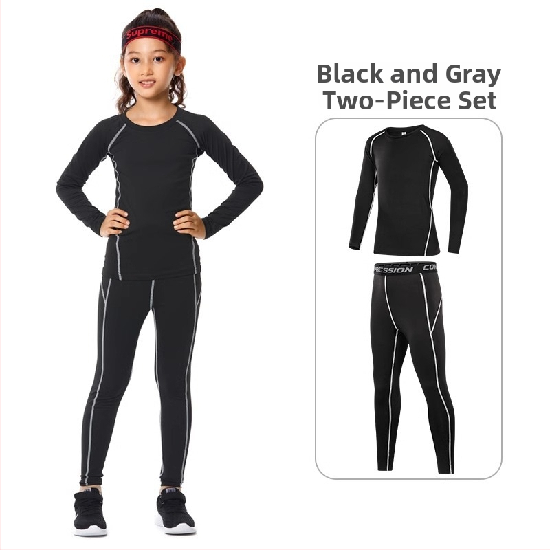 Vaikų sportinis bodžio komplektas – greitai džiūstantis, kvėpuojantis, ilgomis rankovėmis, apvalus kaklo iškirpimas, spandekso audinys su pieno šilko pamušalu