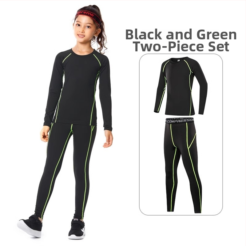 Vaikų sportinis bodžio komplektas – greitai džiūstantis, kvėpuojantis, ilgomis rankovėmis, apvalus kaklo iškirpimas, spandekso audinys su pieno šilko pamušalu