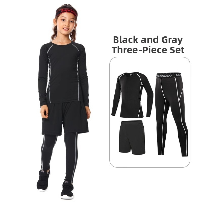 Vaikų sportinis bodžio komplektas – greitai džiūstantis, kvėpuojantis, ilgomis rankovėmis, apvalus kaklo iškirpimas, spandekso audinys su pieno šilko pamušalu