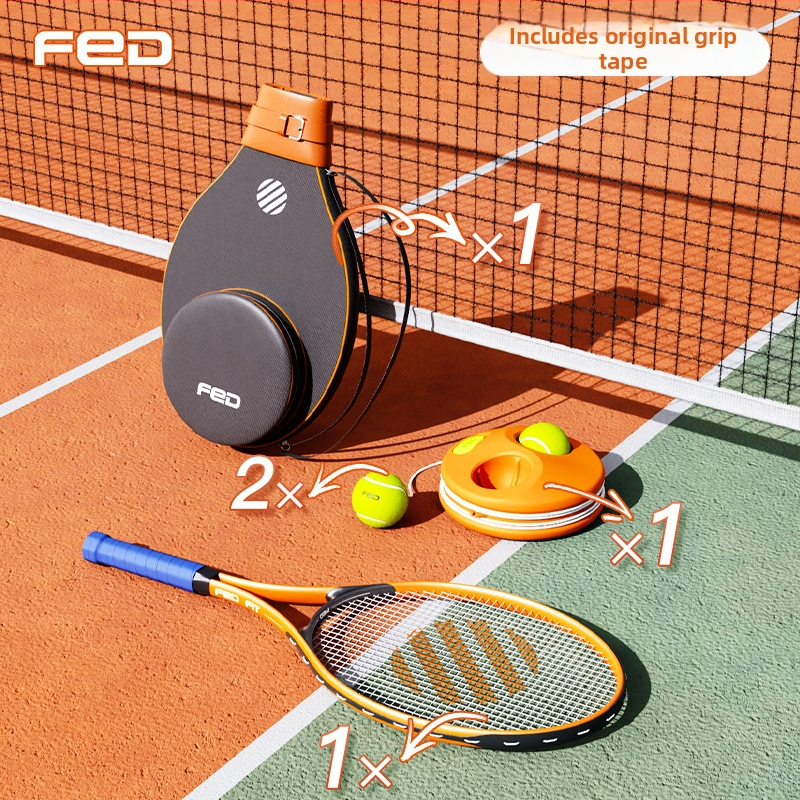 FED teniso raketė su aliuminio lydinio rėmu, nailono stygos, tiesus smūgis, svoris 95–100 g, rankenos G2