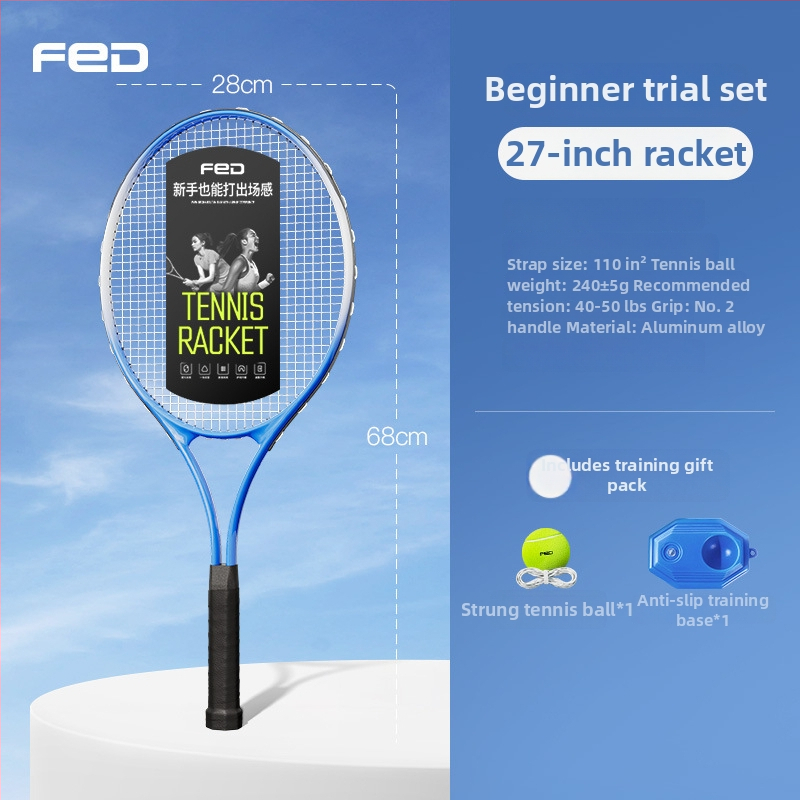 FED teniso raketė su aliuminio lydinio rėmu, nailono stygos, tiesus smūgis, svoris 95–100 g, rankenos G2