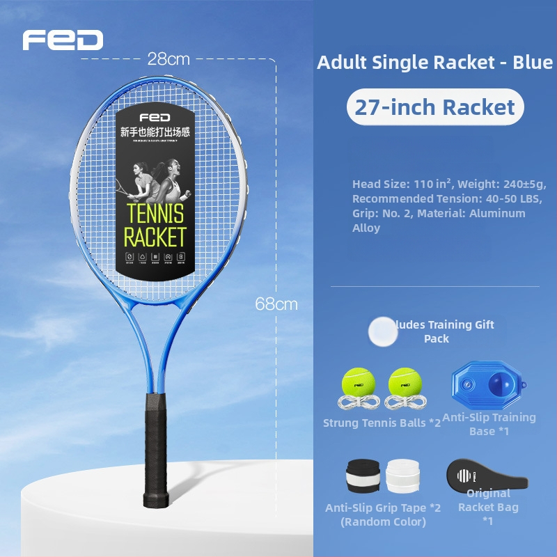 FED teniso raketė su aliuminio lydinio rėmu, nailono stygos, tiesus smūgis, svoris 95–100 g, rankenos G2