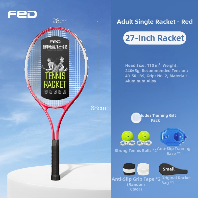 FED teniso raketė su aliuminio lydinio rėmu, nailono stygos, tiesus smūgis, svoris 95–100 g, rankenos G2