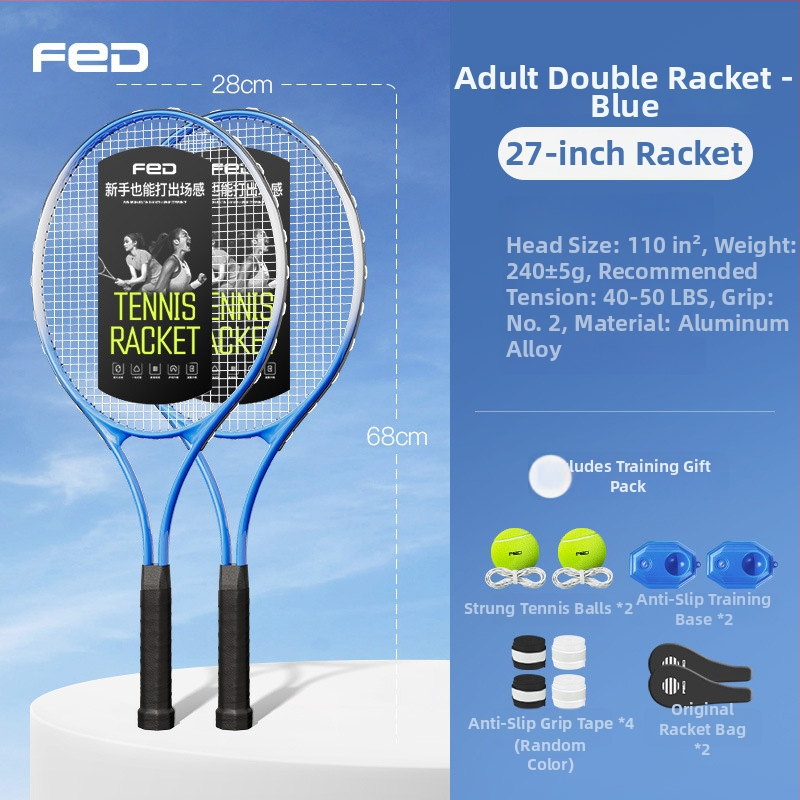 FED teniso raketė su aliuminio lydinio rėmu, nailono stygos, tiesus smūgis, svoris 95–100 g, rankenos G2