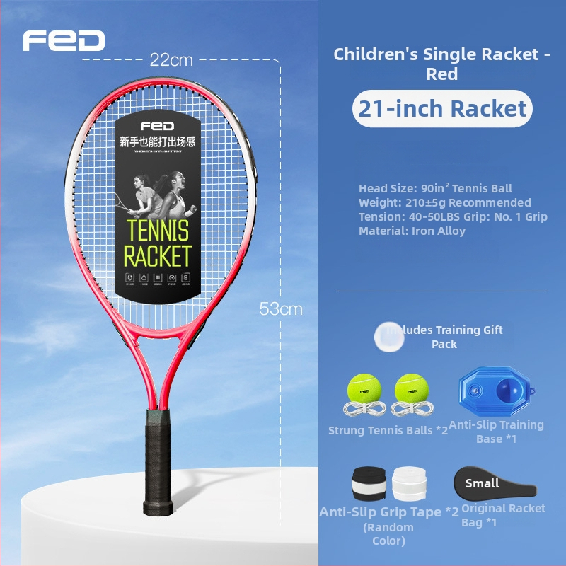 FED teniso raketė su aliuminio lydinio rėmu, nailono stygos, tiesus smūgis, svoris 95–100 g, rankenos G2