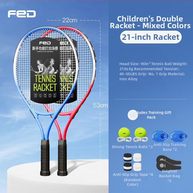 FED teniso raketė su aliuminio lydinio rėmu, nailono stygos, tiesus smūgis, svoris 95–100 g, rankenos G2